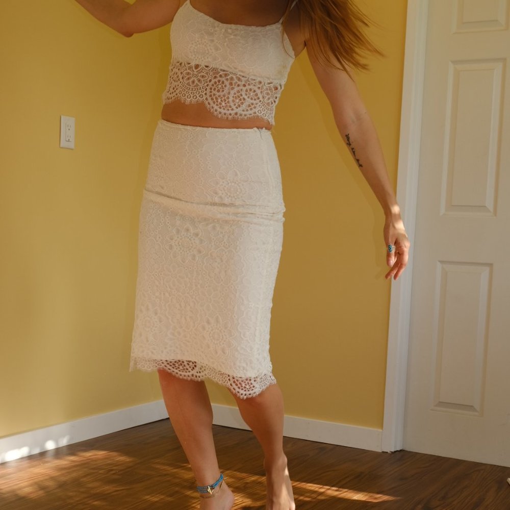 For Love and Lemons White Lace Skirt Crop Set